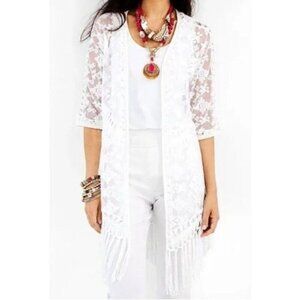 Chicos White Lace Embroidered Fringe Kimono Cardigan L/XL Coastal Festival NWT